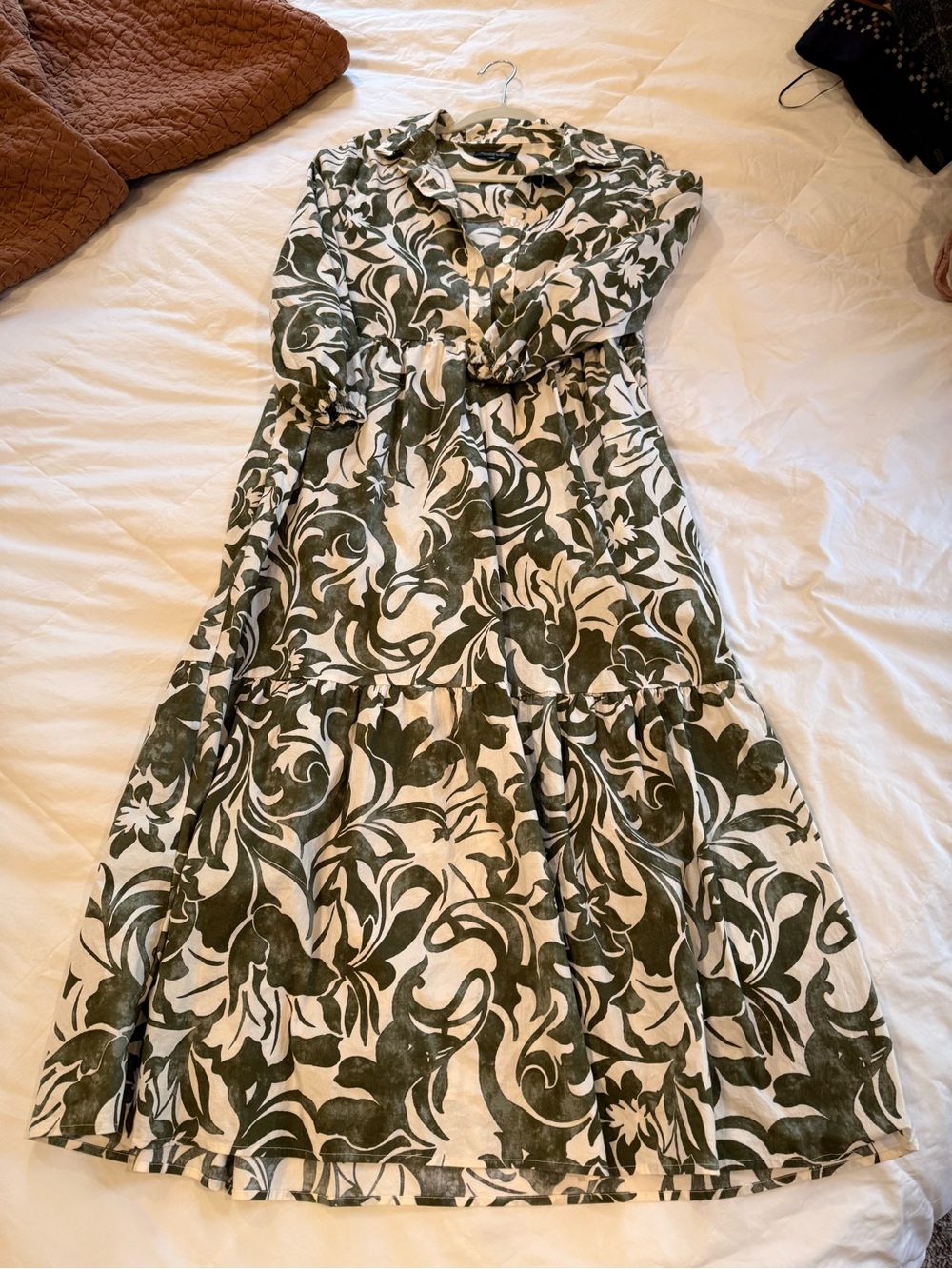 Rachel Zoe Olive Green and Ivory Floral Midi Dress